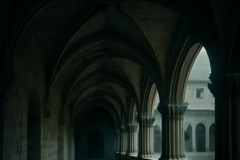 Galerie de cloître médiéval aux voûtes plongées dans la pénombre