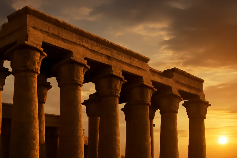 Colonnade de temple égyptien éclairée par le soleil couchant