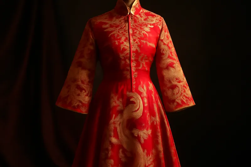 Robe de mariage chinoise rouge brodée de motifs dorés
