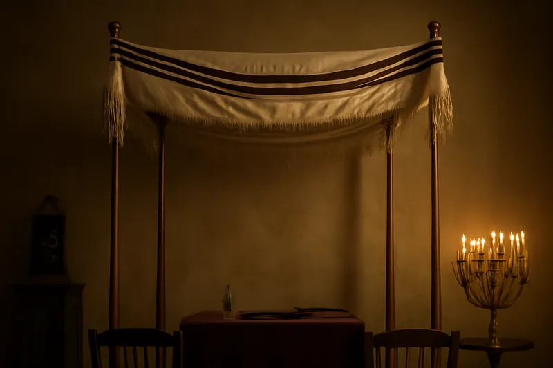 Dais cérémoniel de tradition juive près d’un chandelier allumé