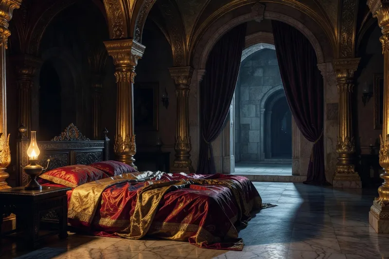 Chambre de palais antique éclairée par une lampe à huile près d'un lit de soie