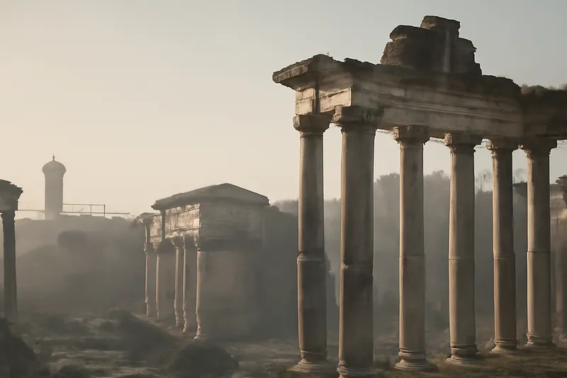 Ruines romaines et colonnes antiques dans une lumière brumeuse