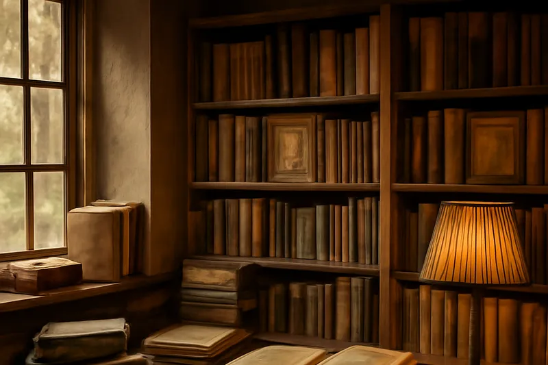 Bibliothèque de livres anciens éclairée par une fenêtre et une lampe