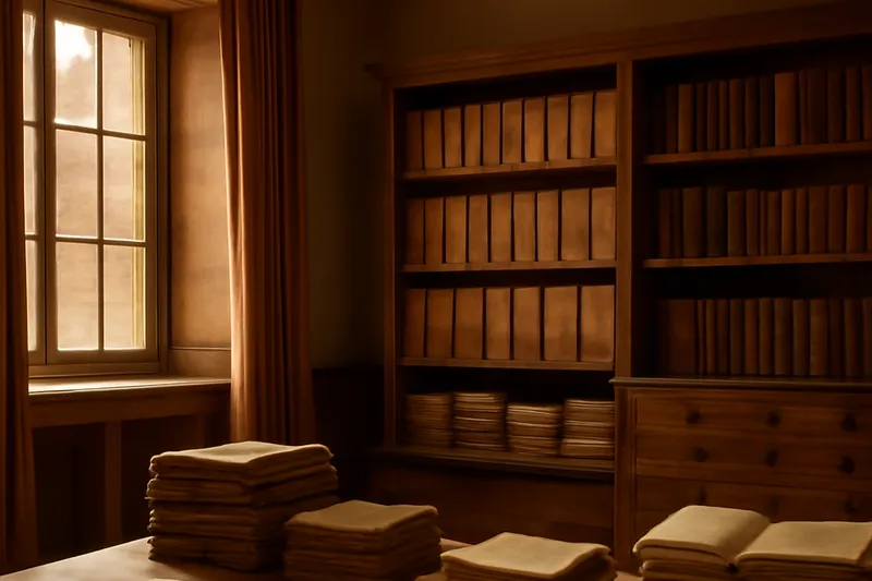 Bureau de lecture entouré de livres dans une bibliothèque ancienne
