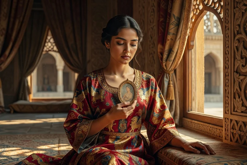 Jeune princesse arménienne en robe de soie regardant un portrait peint à la main près d'une fenêtre de palais