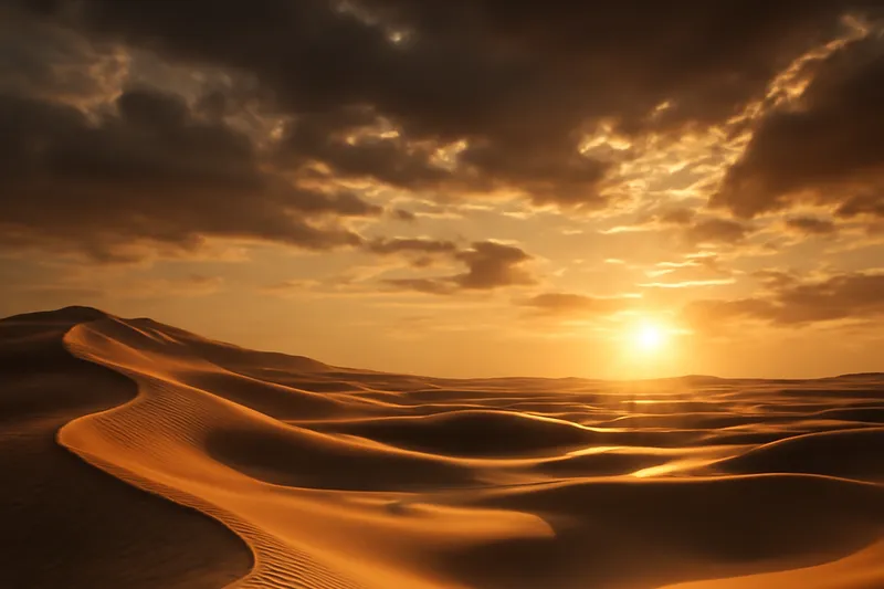 Dunes du désert sous un ciel nuageux au soleil couchant