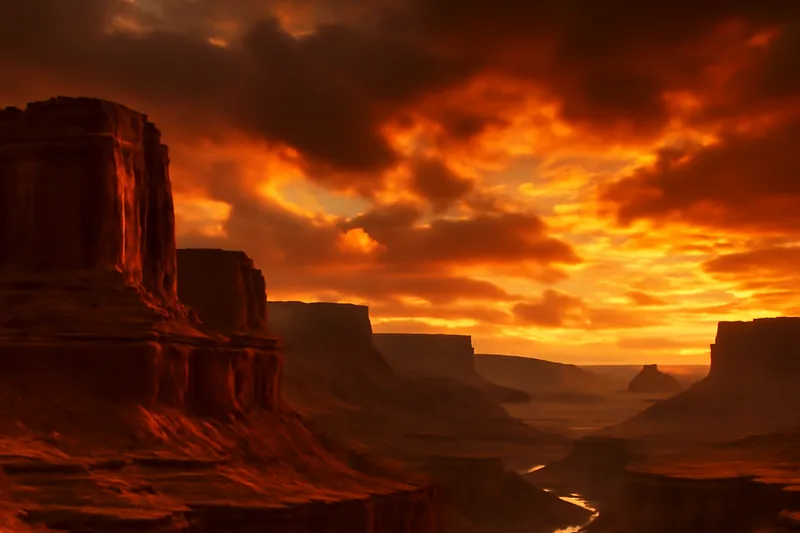 Paysage de mesas et de canyons sous un ciel rougeoyant