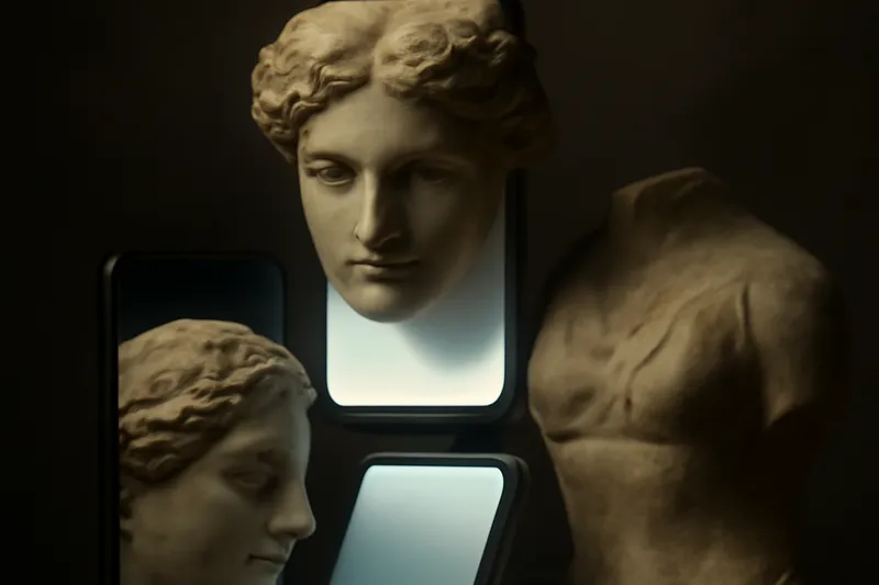 Têtes sculptées antiques disposées autour de deux écrans de téléphone