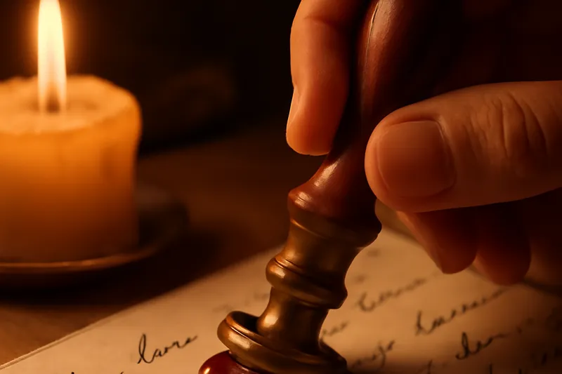 Main apposant un sceau sur une lettre près d’une bougie