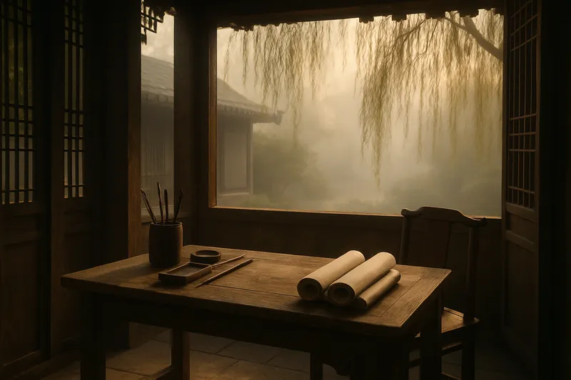 Bureau d'étude chinois ancien avec pierre à encre, pinceaux et rouleaux, ouvert sur un saule dans la brume