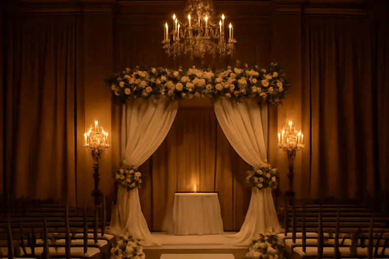 Dais de mariage fleuri dans une salle éclairée de chandeliers