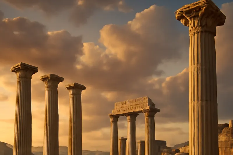 Colonnes antiques grecques baignées par la lumière du soleil couchant