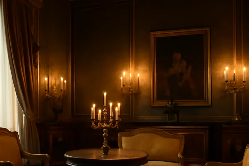Salon aux tentures dorées éclairé de bougies sous un portrait