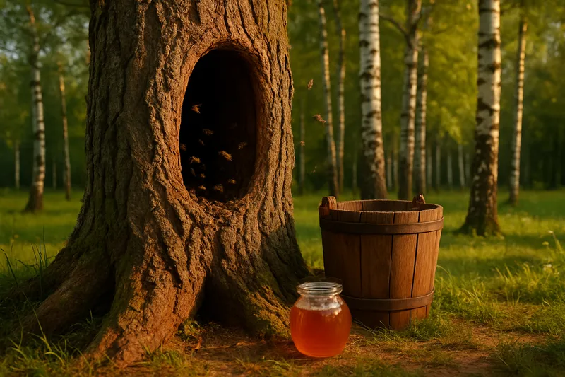 Tronc d'arbre creux servant de ruche sauvage dans une forêt de bouleaux, avec un seau et un pot de miel