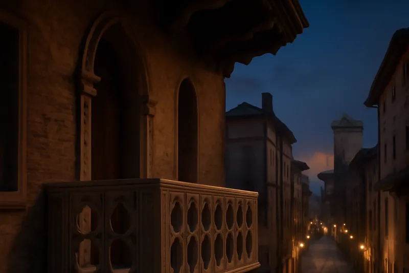 Balcon de pierre surplombant une ruelle ancienne à la nuit tombante