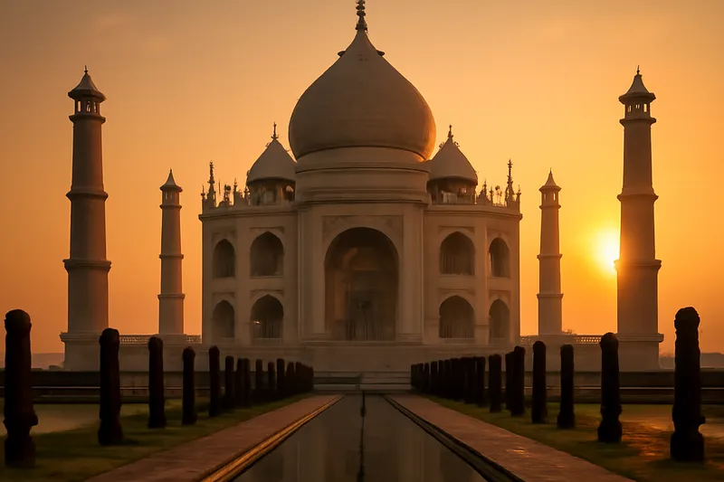 Taj Mahal et ses minarets dans la lumière dorée du couchant