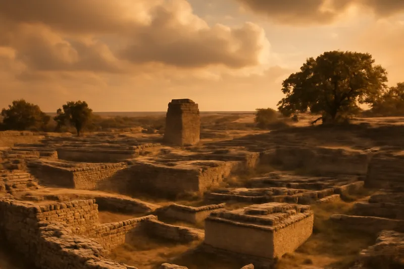 Vestiges de murs antiques dans un paysage au soleil couchant