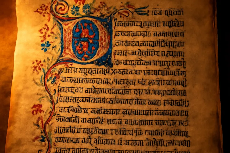 Page de manuscrit médiéval ornée de lettrines et de motifs floraux