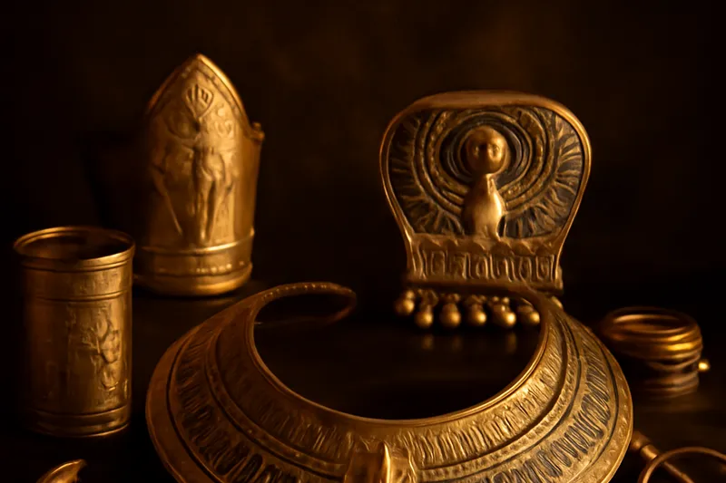 Collier et ornements dorés aux motifs de l’Égypte antique