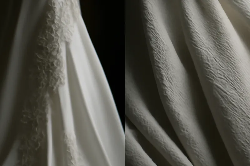 Étoffes blanches drapées aux textures contrastées dans une lumière douce