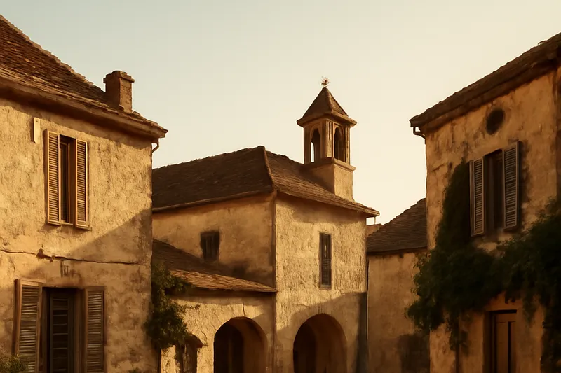Place de village ancien bordée de maisons en pierre
