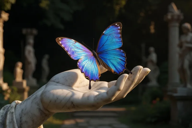 Papillon bleu iridescent posé sur une main de marbre blanc
