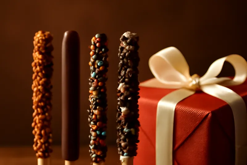 Bâtonnets de biscuits chocolatés près d’un cadeau au ruban blanc