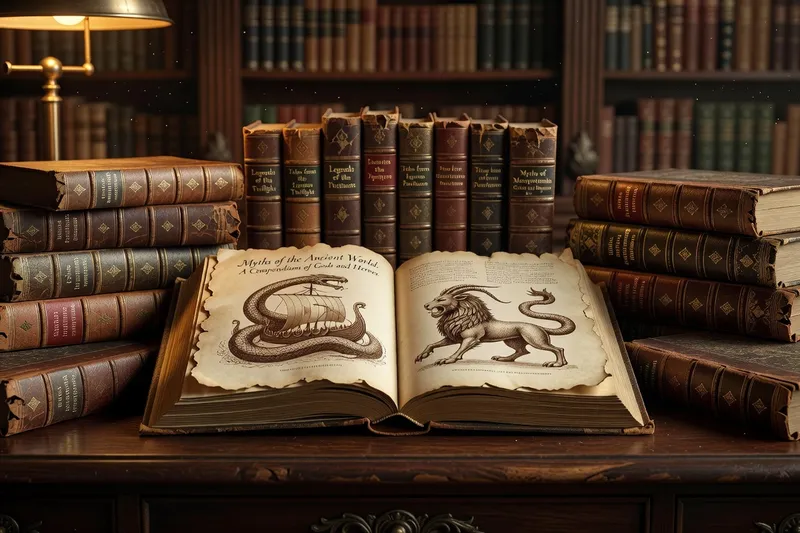 Livre ancien ouvert sur des créatures fantastiques parmi des volumes reliés