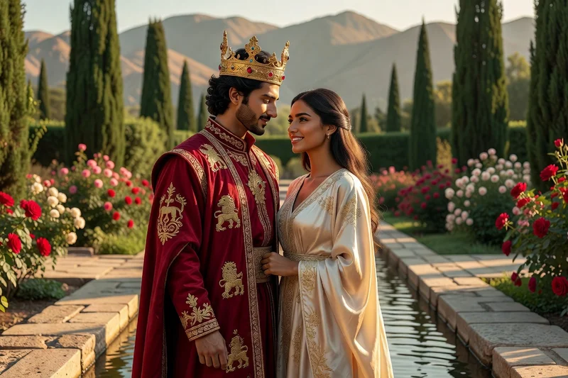 Couple royal en habits sassanides se regardant tendrement au bord d'un canal d'eau dans un jardin de palais
