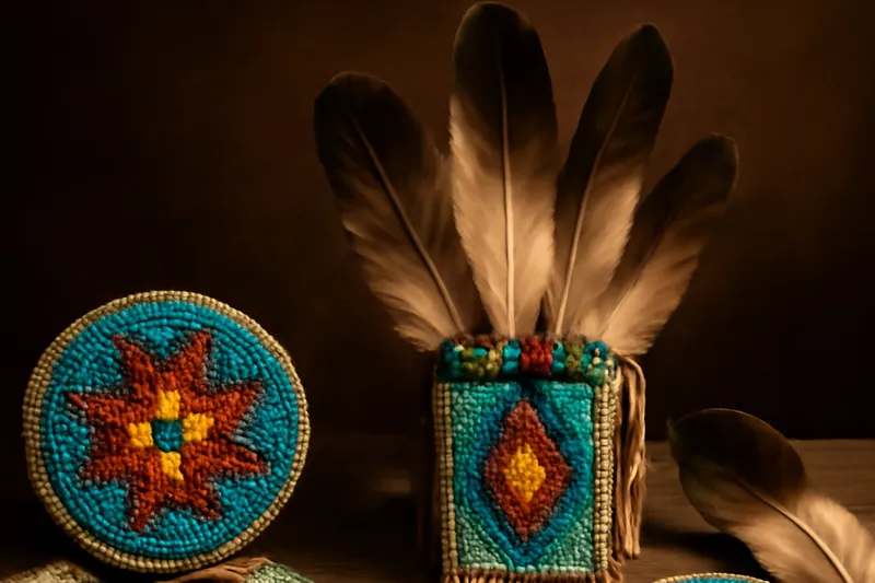 Objets amérindiens ornés de perles turquoise et de plumes