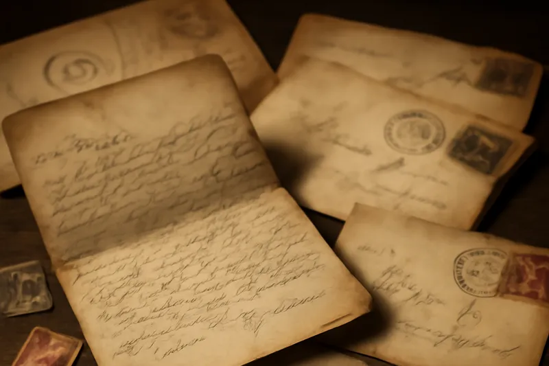 Lettres manuscrites anciennes et enveloppes timbrées disposées sur une table