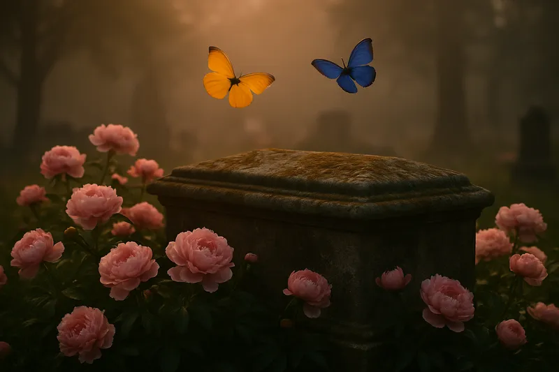 Deux papillons, l'un jaune et l'autre bleu, au-dessus d'une tombe de pierre moussue entourée de pivoines