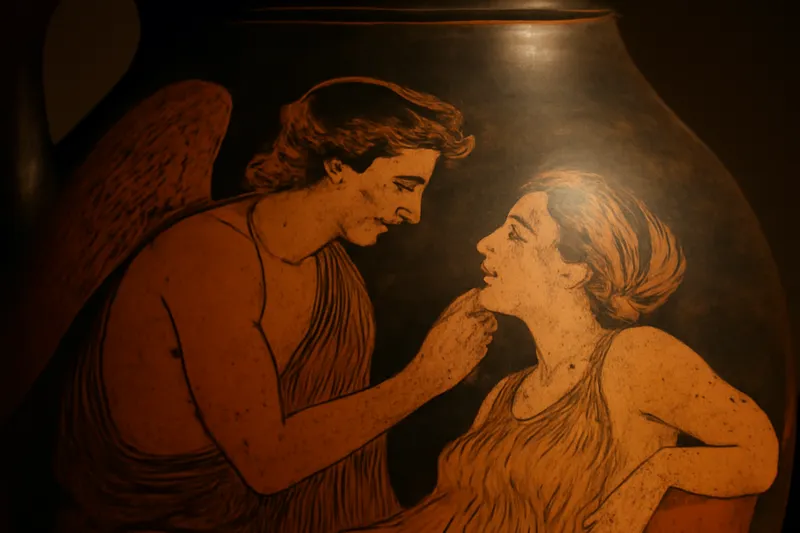 Éros ailé et Psyché représentés sur un vase antique