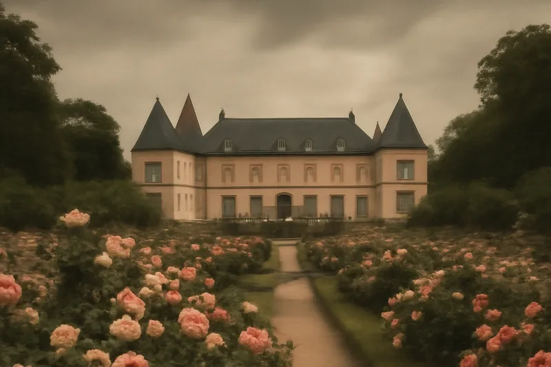 Demeure entourée d’un jardin de roses sous un ciel couvert