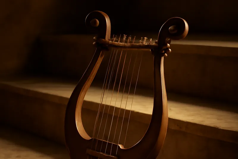 Lyre en bois posée contre des marches dans une lumière dorée