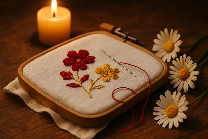 Broderie de fleurs rouges et dorées sur un cadre de bois, avec des marguerites et une bougie