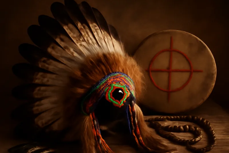 Coiffe de plumes amérindienne ornée de perles devant un tambour
