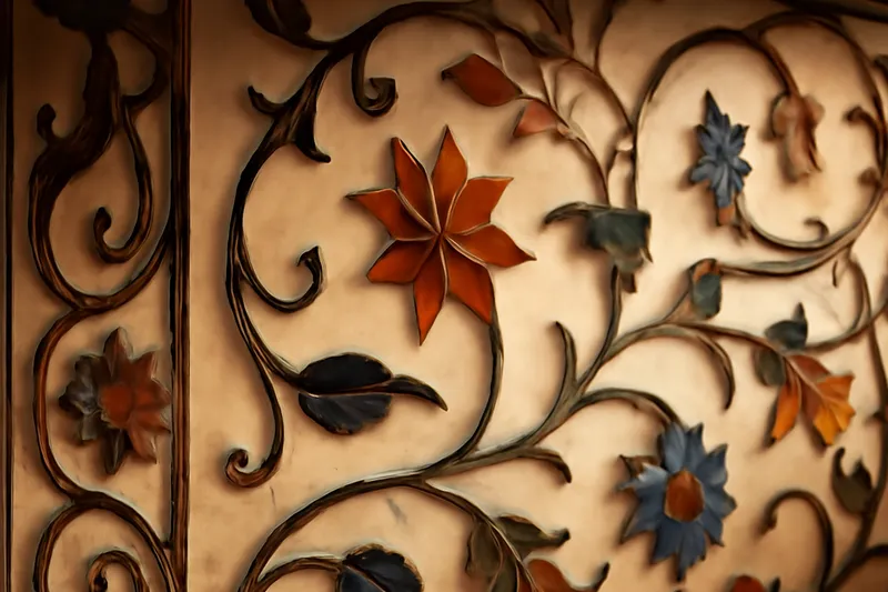 Décor de fleurs colorées incrustées dans le marbre du Taj Mahal