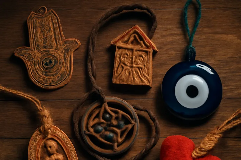 Amulettes variées dont une main protectrice et un œil bleu