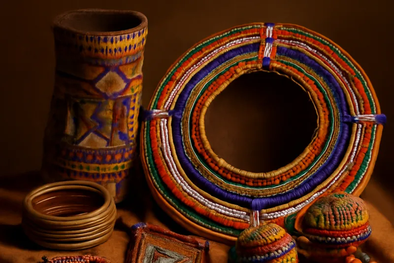 Parures africaines en perles multicolores disposées avec des bracelets
